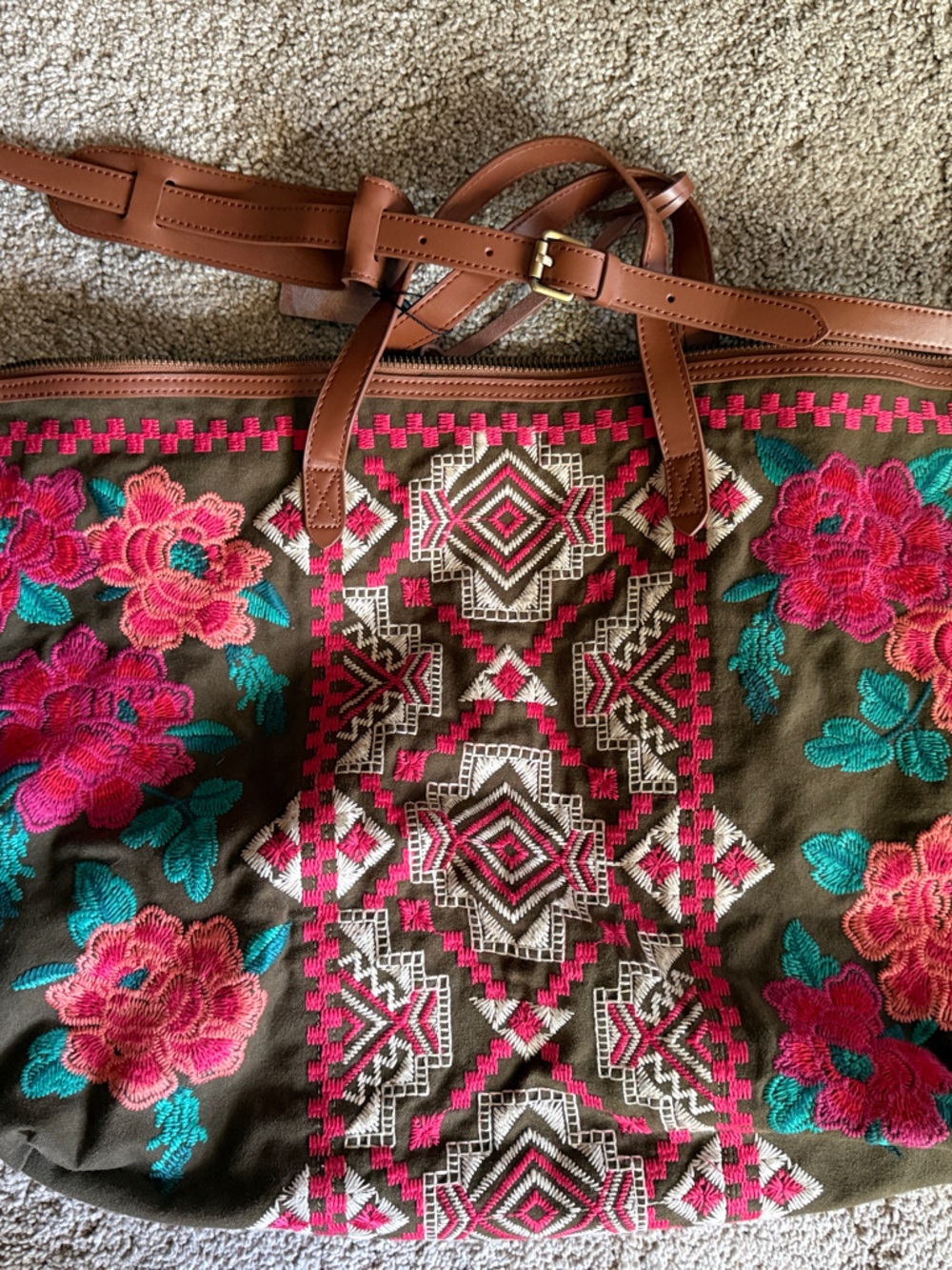 Johnny Was Olive Green Embroidered Tote with Pink & Teal Floral Accents